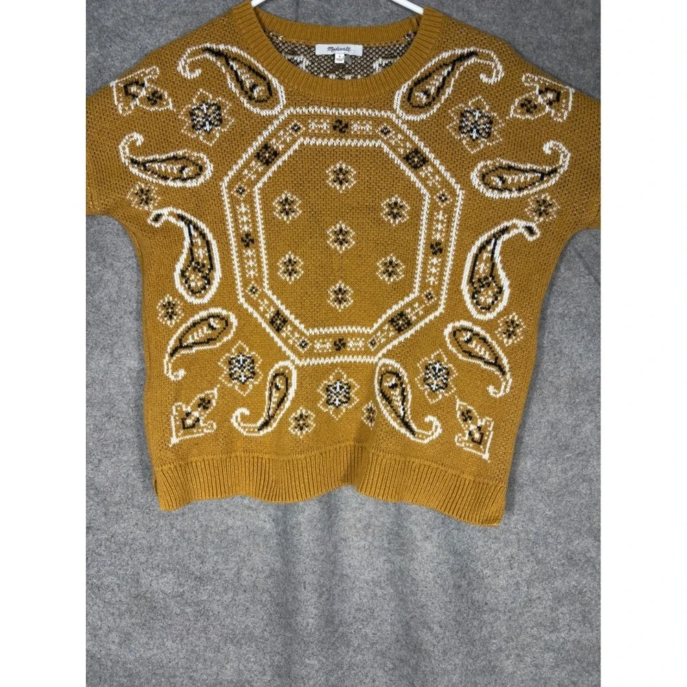 Madewell Bandana Paisley Intarsia Sweater Mustard Yellow Cotton Blend Small